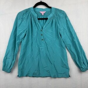 Lilly Pulitzer Top Women's XXS Elsa Onyx Green Teal Button Blouse Shirt‎ Silk